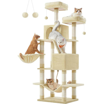 Feandrea Extra Tall Cat Tower, High with Scratching Posts and Ramp, Multi-Level Plush Cat Condo for Indoor Cats, Cat Tree.