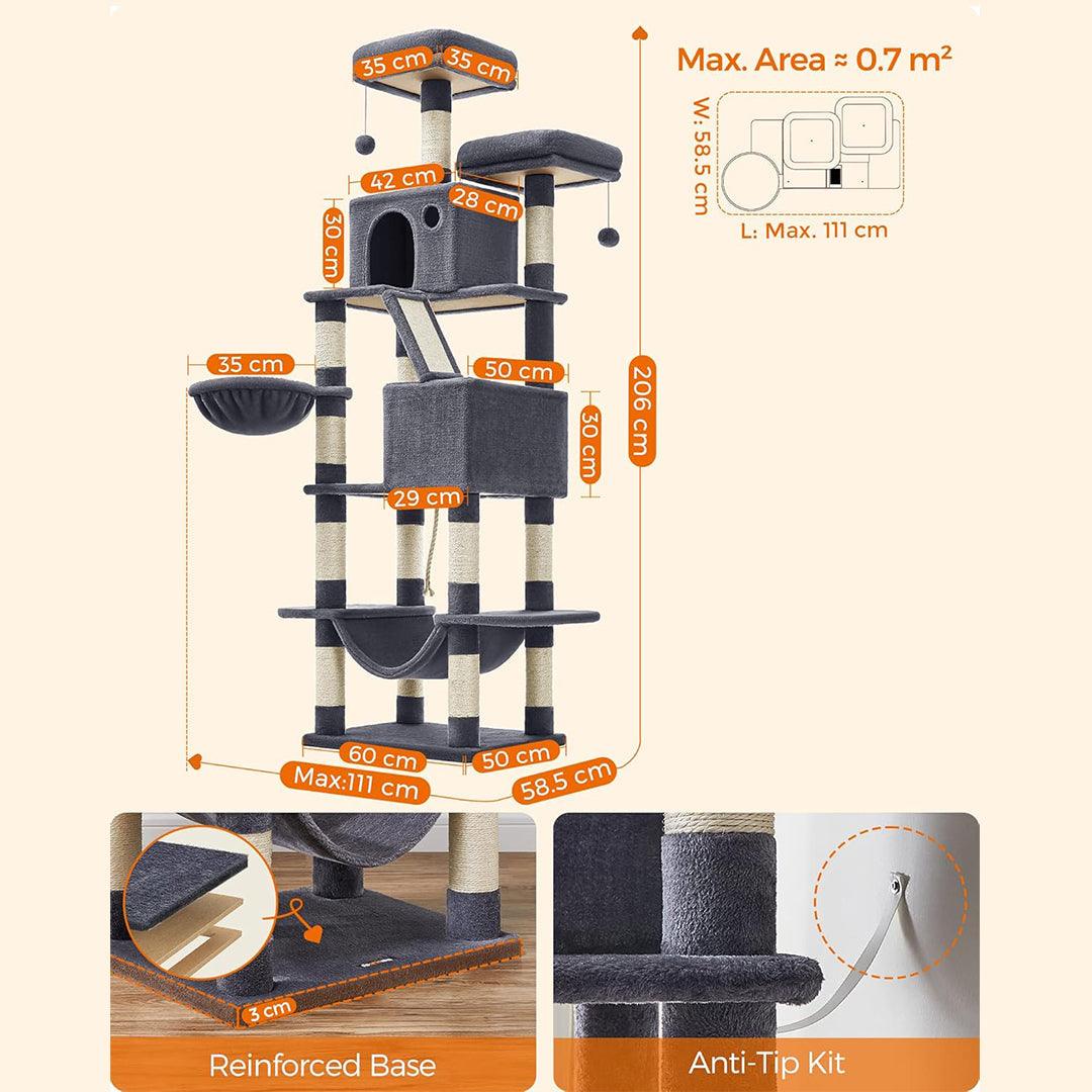 Feandrea Extra Tall Cat Tower, High with Scratching Posts and Ramp, Multi-Level Plush Cat Condo for Indoor Cats, Cat Tree.